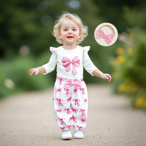 Newborn Baby Girl Fall Clothes Bow Print Ruffled Long Sleeve Romper Bodysuit Elastic Pants Set Cute Winter Outfits2