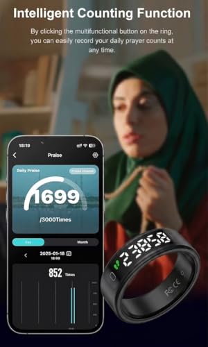 Image of Aeoss AI Smart Ring with LED Display, Real-Time Health Tracker & Monitor Sleep, Prayer Count, Gesture Control for Music and Camera, 5ATM IP68 Waterproof (Black, Size-8)