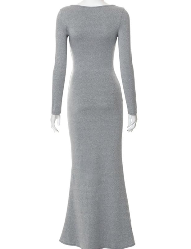 Vestito Donna Maniche Lunghe Aderente Abito Lungo con Scollo Quadrato Sexy Tinta Unita Maxi Bodycon Vestito Elasticizzato Abito da Cocktai per Feste e Cerimonie Discoteca
