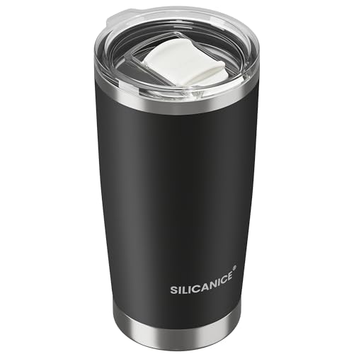 SILICANICE Coffee Tumbler 20 oz, Double Wall Stainless Steel Travel Coffee Mug with Removable Slider Lid, BPA Free, Car Cup Holder Compatible - Gym/Office/Travel/Home - Black