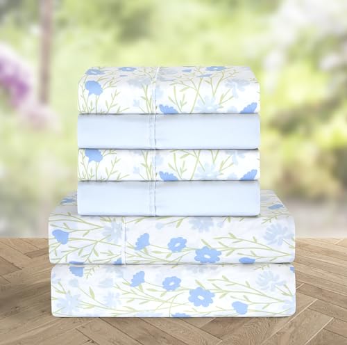 Elegant Comfort Softest and Coziest 6-Piece Sheet Set - 1500 Premium Hotel Quality Microfiber - Deep Pocket, Wrinkle Resistant 6-Piece Floral Bed Sheet Set, King, Laurel Blue