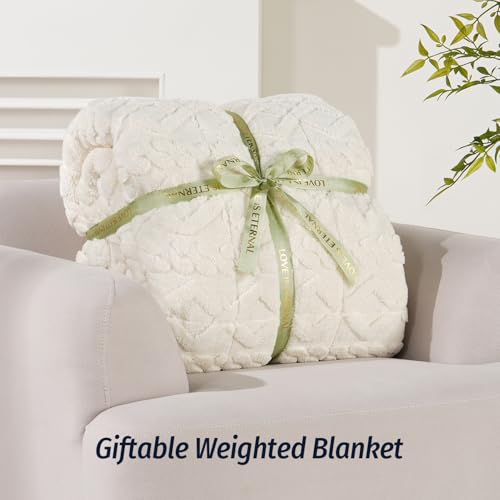 Wemore Weighted Blanket for Adults Twin Size 15 lbs, Dual Sided Soft Fuzzy Jacquard Sherpa Weighted Blankets for Sleeping, Cozy Fluffy Knitted Heavy Blanket for Couch Bed, Cream White, 60 x 80 inches