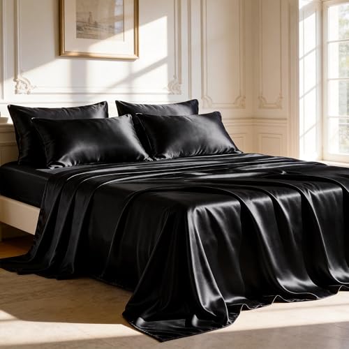Image of Love's cabin Satin Full Sheets Set - 6 Piece Black Silky Bed Sheets Set with Deep Pocket, Luxury Silk Feel Satin Full Size Sheet Set (1 Flat Sheet,1 Fitted Sheet,4 Pillow Cases)