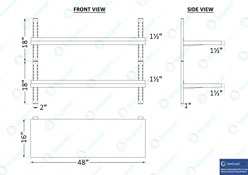 Image of AmGood 16 in. x 48 in. Two-Tier Stainless Steel Wall Mount Shelf | Heavy-Duty Metal Shelving for Kitchen, Garage, Pantry, Closet, and More