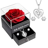 Sunia Geschenke für Sie zum Valentinstag, Ewige Echte Rose mit Herz Halskette und Ohrringe aus 925 Sterlingsilber, Ewige Rose mit Kette Geschenke für Frauen Mama Frau Freundin Geburtstag Valentinstag