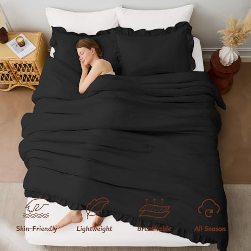 Image of FUANNA King Size Comforter Set Black, 3 Pieces Ruffle King Bedding Set, Fluffy Farmhouse Bed in a Bag King with 1 Lightweight Comforter & 2 Pillowshams