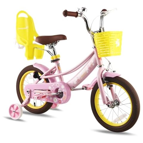 RULLY 16 Inch Girls Bike for Toddlers Kids, 16" Kids Bike with Basket &Doll Seat for Age 4 5 6 7 Years Old Girls, Children's Bicycle with Training Wheels,Pink Cover