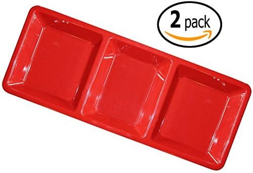 Melamine 3 Section Compartment Appetizer Tray/Platter with Pan Scraper, 15 inches by 6.25 inches, Set of 2, Red