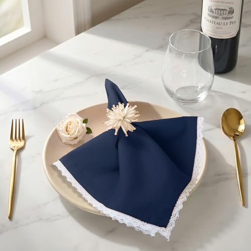 Image of FINGERCRAFT Lace Trim Cloth Napkins Set of 6, 20x20 Inch Cotton Linen Blend Dinner Napkins, Reusable Washable Table Napkins for Wedding, Farmhouse Dining, Parties & Home Decor (Navy)