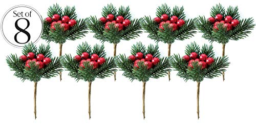 Red Berry Picks Evergreen Wreath Picks & Pine Branches Artificial For Christmas Crafts & Winter Berries Spray Holly Wire Stem Pick Holiday Decorations Diy Ornaments, Xmas Decor Floral Arrangement #TOP3