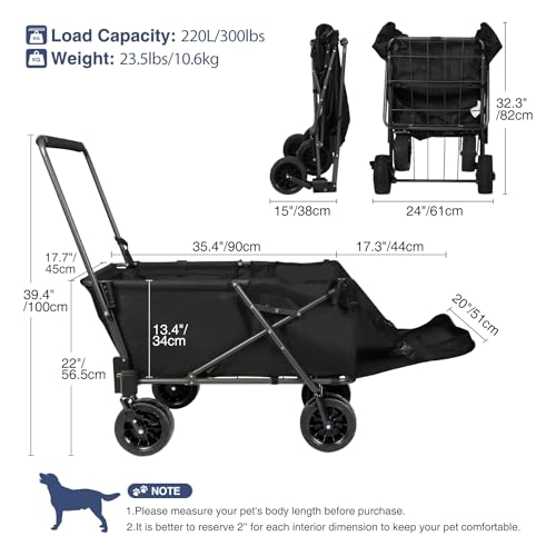 REDCAMP Hundewagen faltbar mit ausziehbarem Heck | 136 kg Tragkraft Für große Hunde| All-Terrain Räder mit Bremsen | Für Camping Garten Outdoor | Hochwertiges 600D Oxford-Gewebe