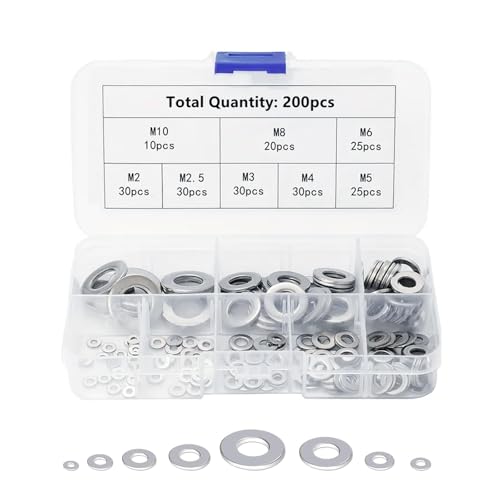 Image of 200 Pcs Flat Washers, 304 Stainless Steel Flat Penny Washers Assortment Kit, Round Washer with Storage Box for Screws & Nuts & Threaded Rods (M2 M2.5 M3 M4 M5 M6 M8 M10)