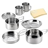 Camping Kochgeschirr Kit, 8 Stück Edelstahl Kochgeschirr, Camping Kochtopf Set Edelstahl, Camping Geschirr Set, Camping Kochgeschirr Topf Set, für Ourdoor Picknick Camping Wanderrucksack