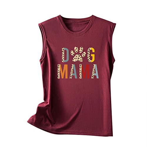 Dog Mom Shirt Funny Mother's Day T Shirts Cute Paw Graphic Halter Baseball Softball Vest Mama Letter Printed Tank Tops Cat Mom Shirts Casual Workout Tee Shirt Plus Size Mama Tees Tops Loose T-Shirt #TOP3
