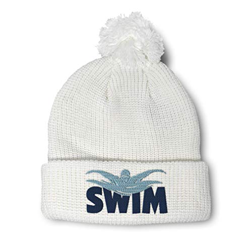 Speedy Pros Pom Pom Beanies for Women Swim Word and Swimmer Embroidery Skull Cap Backstroke Swim Swimming Winter Hats for Men Acrylic 1 Size White Design Only