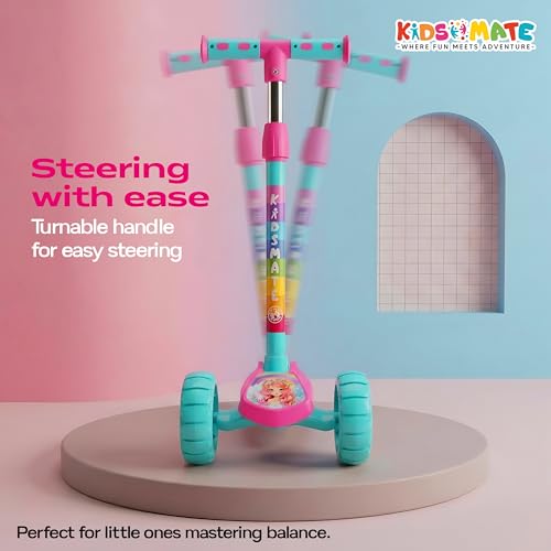 Image of Kidsmate Rider Pro Kick Scooter with Broad PU LED Wheels | 3-Wheel Skating Scooter for Boys & Girls of Ages 2-12 Years | Level Adjustable Height, and Easy Fold Design (Pink Sea Green)
