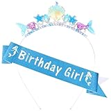 Mermaid Birthday Decorations for Girls, Blue Mermaid Headbands Happy Birthday Crown and Sash Decoration, Glitter Mermaid Tail Seashell Hair Accessories Theme Costume Party Gifts for Women