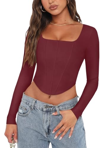 REORIA Womens Sexy Casual Square Neck Long Sleeve Backless Shirts Y2K Trendy Going Out Party Club Night Boned Bustier Corset Crop Plus Size Tops Burgundy X-Large