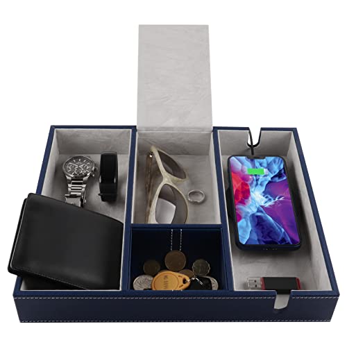 PLENTY Leather Valet Tray for Men, Desk Nightstand Organizer for Keys Phone Watch Wallet, Mens Valet Tray Catchall Charging Station (Blue)