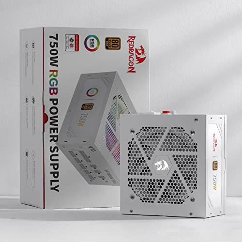 Image of Redragon RGPS-750W 80+ Gold 750 Watt ATX Fully Modular Power Supply w / 80 Plus Gold Certified, Compact 160mm Size and Low Noise RGB Fan 0 RPM, 100% Japanese Capacitors, Full Mod Cables, White