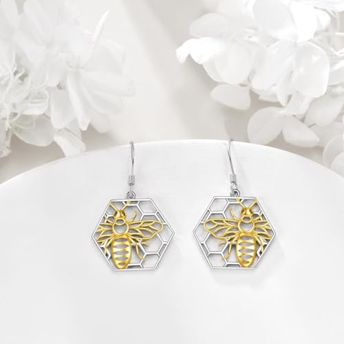 Image of LUHE Bee Earrings for Women 925 Sterling Silver Bumble Earrings with Honeycomb Honeybee Jewelry Dangle Gifts for Women