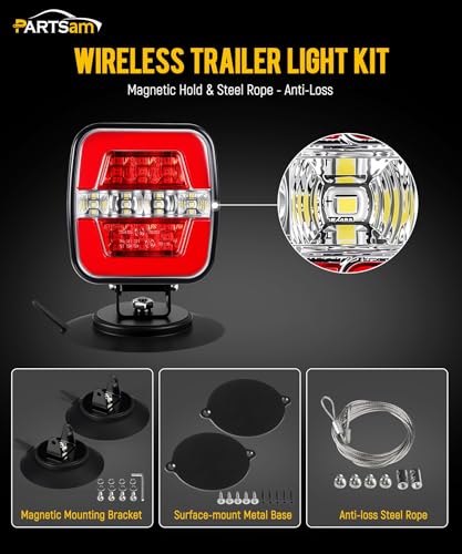 Image of Partsam Wireless Trailer Light Kit, Portable Magnetic LED Tow Lamp, Stop Brake Turn Reverse Towing Tail Lights w /Metal Base Suction Cup 7-Pin Plug for Trucks Trailers 12-24V IP67 Waterproof