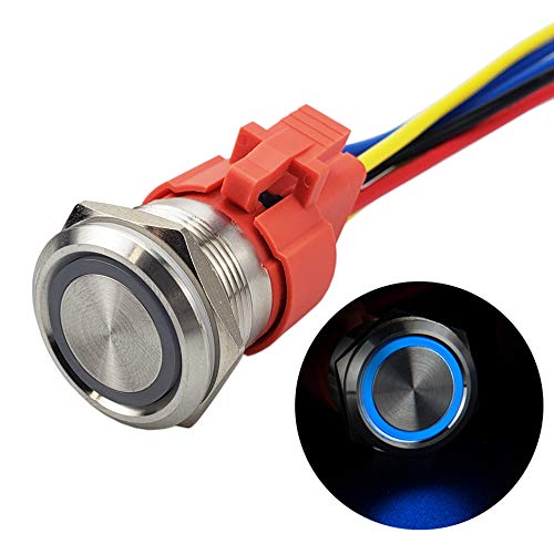 APIELE Neues 22MM Momentan Druckschalter 12VDC 10A, mit LED wasserdicht Momentary Drucktastenschalter mit vorverdrahtetem Stecker, Auto RV LKW Boot EIN/AUS Taste Schalter (Blau) Cover