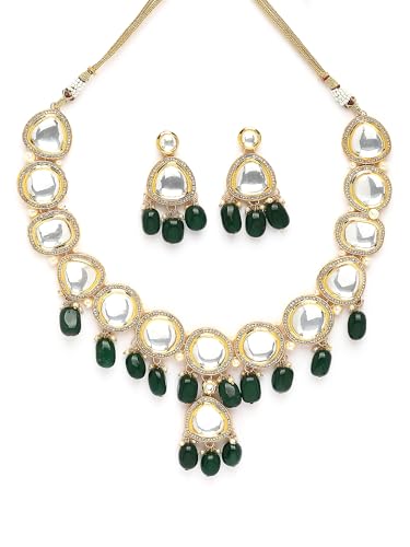 Image of Karatcart Gold Plated Green Crystal and Pearl Studded Kundan Rani-Haar Necklace Set for Women