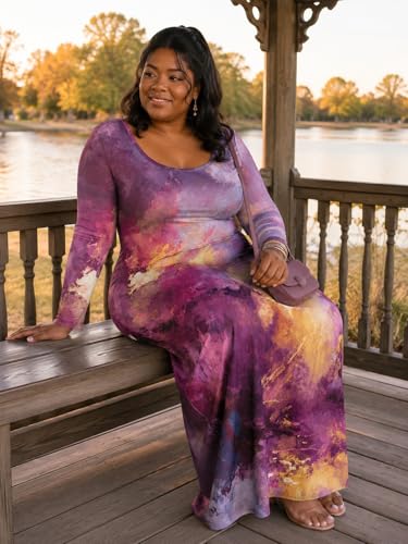 Image of PinkPatty Plus Size Maxi Dress for Curvy Women Crew Neck Long Sleeves Casual Dress Vacation Sundresses with Pockets