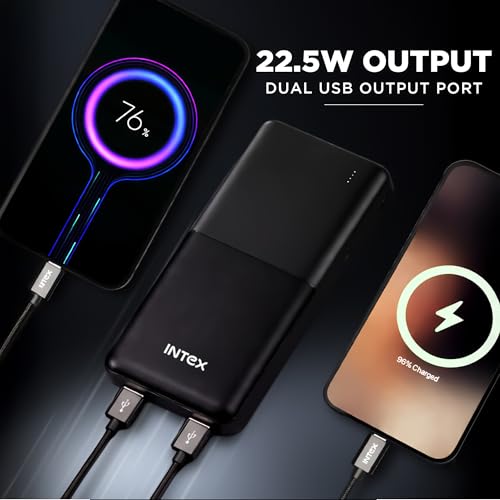 Image of Intex Strong Neo QCPD 20000mAh Power Bank with 22.5W Fast Charging, Type-C PD Input /Output, Dual USB Output, LED Indicators, Smart Protection, High-Capacity Portable Charger (Black)
