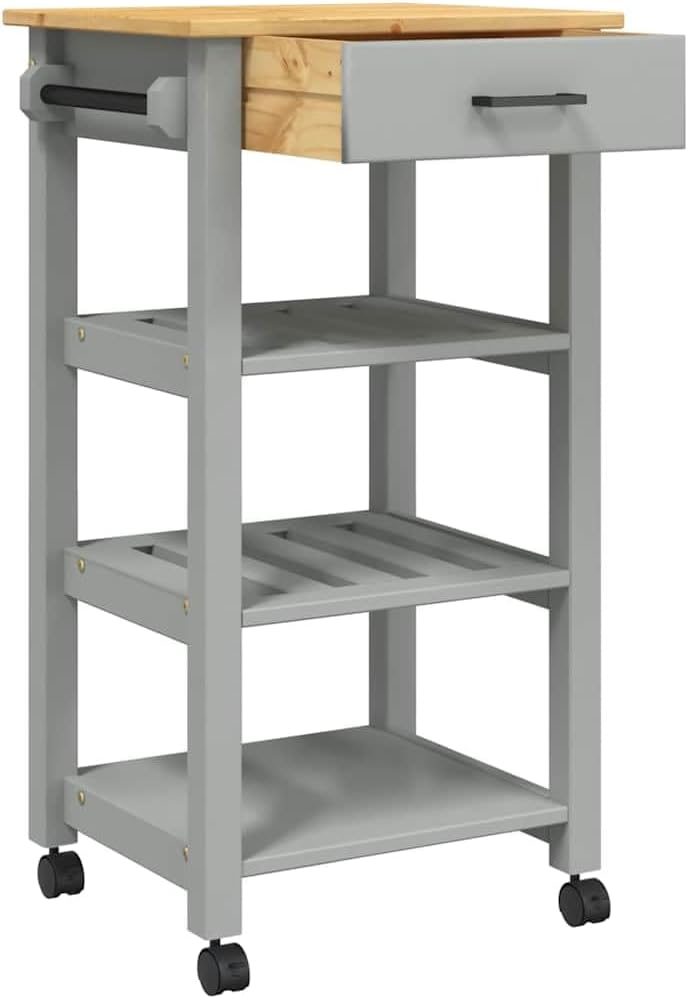 Kitchen Trolley Monza Solid Pine Wood Rolling Kitchen cart with Wheels 18.9"x15.7"x34.8" Kitchen Storage cart with Drawer and Metal Hooks Versatile Mobile cart