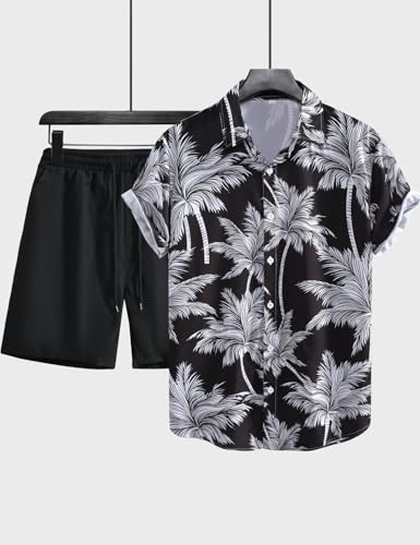Image of Yimoon Men's Summer 2 Piece Outfits Tropical Print Short Sleeve Button Down Hawaiian Beach Shirt and Shorts Set