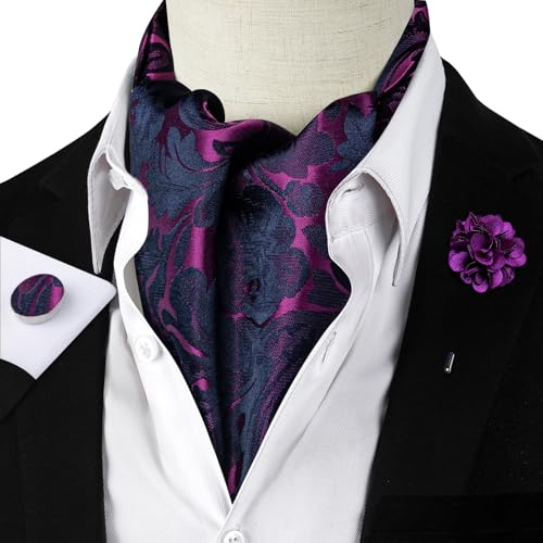 Image of DiBanGu Mens Silk Ascot Ties Paisley Jacquard Woven Cravat and Pocket Square Cufflinks with Lapel Pin for Business Wedding
