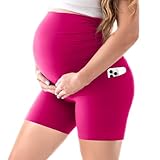 Walifrey Women's Maternity Shorts with Pockets Over The Belly,Pregnancy Yoga Pants Activewear Biker Shorts Casual Hot Pink XL
