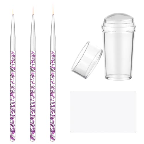 JJUNW 5 Stück Nagel Stempel Nagelpinsel Set, Transparenter Nagelstempel mit Nail Art Liner Pinsel und Nagelschaber, Silikon Nagel Stempel, French Tip Nail Stamp für Maniküre DIY Nageldesign