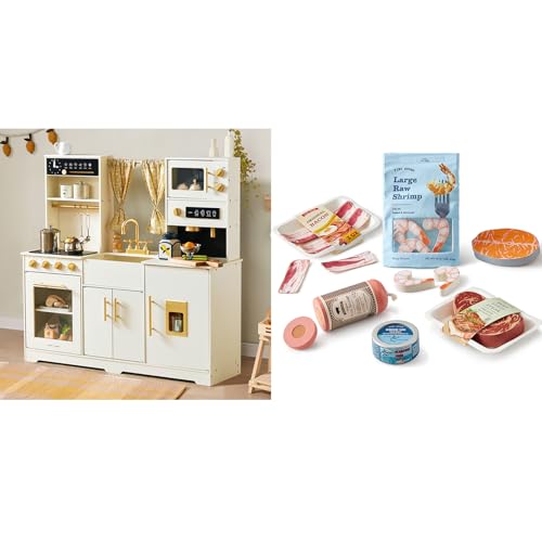 Image of Tiny Land New Modern Wooden Play Kitchen & Seafood Meat Toy Set for Kids