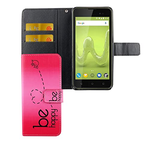 König Design Étui de protection pour téléphone portable Wiko Sunny 2 Plus, en cuir synthétique, avec emplacements pour cartes, fonction support, à rabat, rose Be Happy