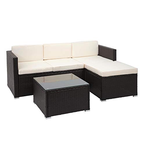 Mendler Poly-Rattan Garnitur HWC-F40, Balkon-/Garten-/Lounge-Set Sitzgruppe, 3er Sofa Tisch - braun, Kissen Creme