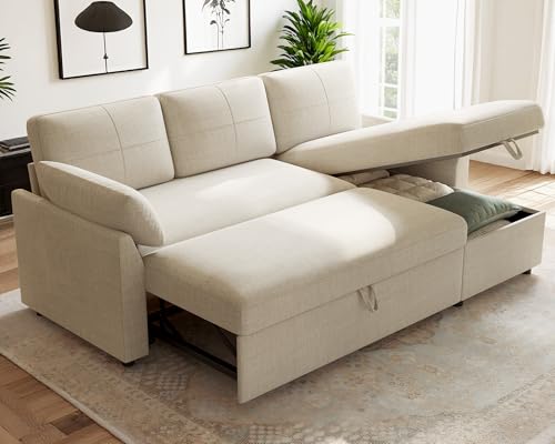 AMERLIFE Sofa Bed, Sleeper Sofa with Storage Chaise, Pull Out Sofa Couch for Living Room, Guest Room, 2-in-1 Sofa Bed-Linen Beige