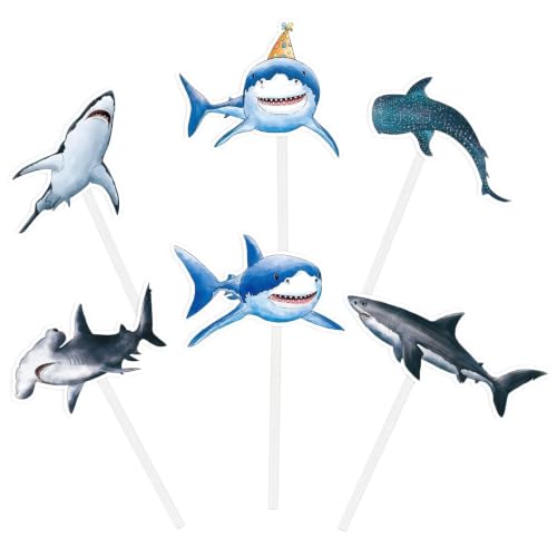 WERNNSAI 36 PCS Shark Cupcake Toppers - Shark Cake Toppers Ocean Birthday Party Decorations Summer Cake Toppers Under The Sea Cake Decors for Kids Ocean Baby Shower Party Supplies