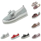 AngryMonkey Women's Rhinestones Glitter Slip On Sneakers,Cute Bow Comfort Platform Walking Flat Loafer Stitch Casual Shoes (8,White)
