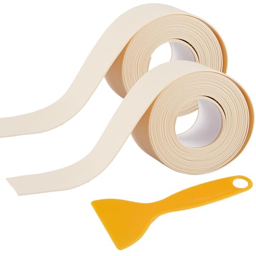 CRASPIRE 2 Rolls 10.5 Feet Kitchen Sealing Tape Shower Sealant Strip Beige PVC Waterproof Stain Proof Self Adhesive Bath Caulk Decorative Tape with Scraper Tool for Bathroom Floor Corner Protector