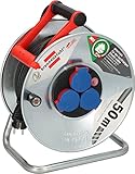 alargador 50 metros precio Enrollador de cable exterior con 3 enchufes de protección de contacto, protección IP44, con tapas de cierre automático