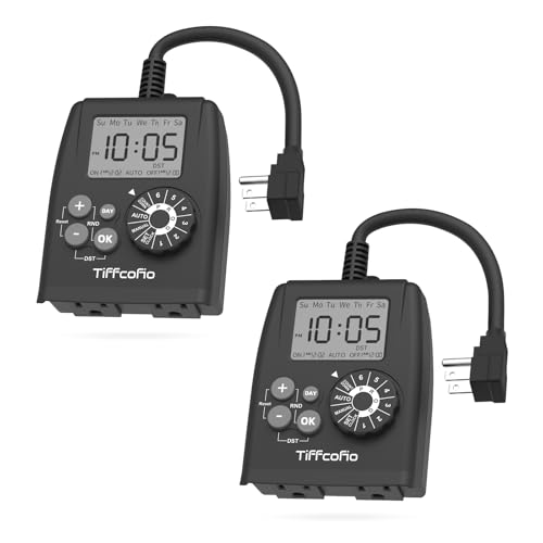 TiFFCOFiO New Digital Outdoor Timer Outlet, Dial Programmable Method, Outdoor Light Timer Waterproof, 2 Grounded Electrical Outlets for Christmas Lights, 6 Sets of Programs, 15A/1875W (2 Packs) by Tiffcofio - Used condition - US$22.56