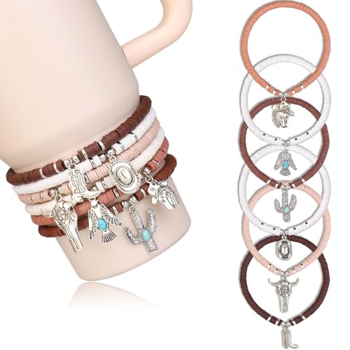 6PCS Bracelets for Stanley Cup Accessories, Western Cowboy Bracelet Stack Charms for Stanley Cup Decorations, Longhorn Bull Beads Charm Attachments for Stanley 40oz&30oz Tumbler with Handle