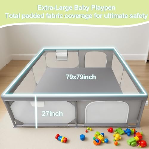 Baby Playpen 79\"x79\" Extra Large Play Pen for Babies and Toddlers, Safety Baby Play Yard & Fence with Dual Zipper Doors, Dual Storage Mesh Pockets, and Fully Transparent Sides