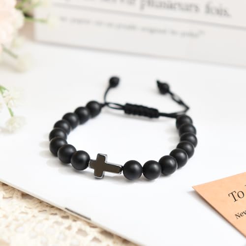 Image of Lamyba Easter Gifts for Kids /Teens /Girls, Christian Natural Stone Beaded Bracelets, Easter Basket Stuffers Essentials, Adjustable Cross Bracelets, Blue /Black