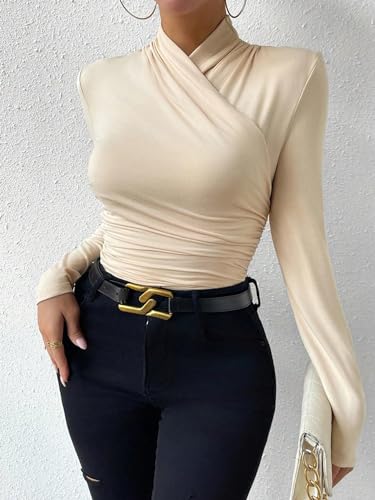 Image of SweatyRocks Women's Ruched Mock Neck Long Sleeve T Shirt Solid Slim Fitted Tee Tops