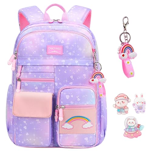 IHCEMIH School Backpack, Girls Cute Bags for Primary Secondary School Multi Pocket Casual Rainbow Daypack Childrens Travel Rucksack Elementary Book Bag Pack with Keychain Badge for Kids Teen Purple