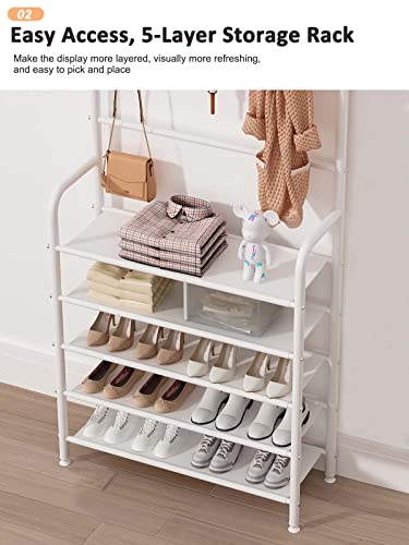 Hall Tree With 5-Tier Shoe Shelf And 8 Adjustable Metal Hooks Coat Rack, Lightweight Metal Shoe Rack Organizer Multifunctional Coat Rack Shoe Shelf For Apartment Bedroom College Dorm And Entryway #TOP2